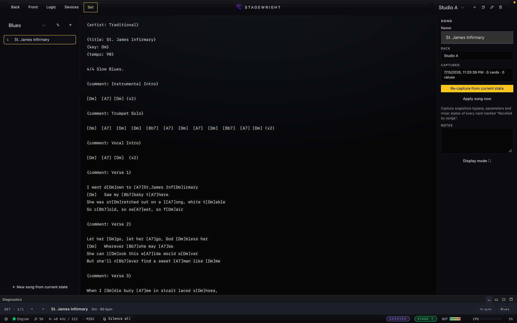 Stagewright's Set tab with the ChordPro sheet for a song beside its setlist, and one-click re-capture of the current rig state