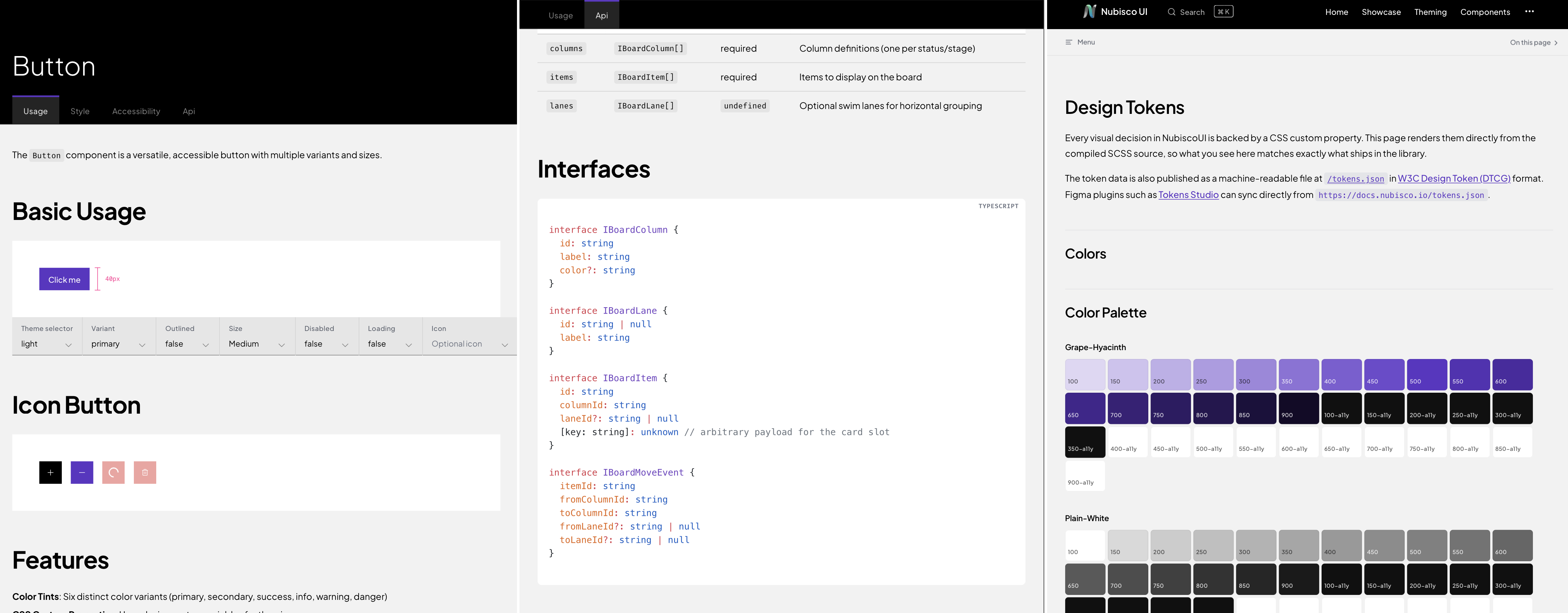Placeholder: screenshot of the Nubisco UI documentation site showing component preview, code snippet, and design-token panel side by side